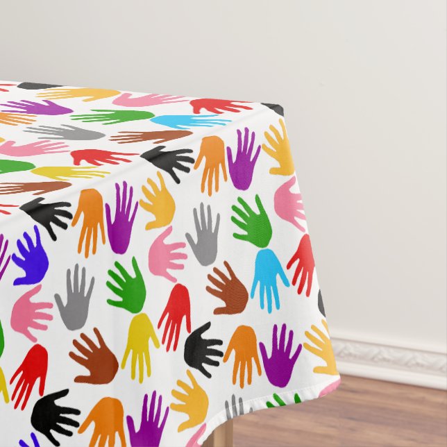 Weiße farbenfrohe Handabdruck-Musterdesign  Tischdecke (Beispiel)