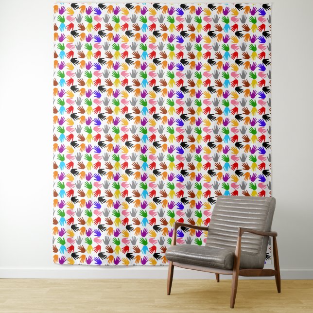 Weiße farbenfrohe Handabdruck-Musterdesign  Wandteppich (Beispiel)
