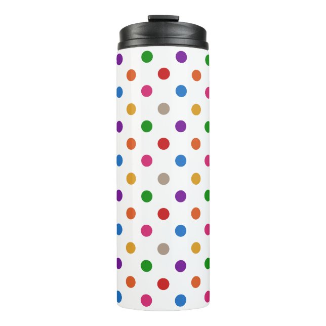 Weiße farbenfrohe Regenbogen-Tupfen-Design  Thermosbecher (Vorderseite)