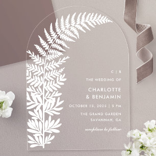 Weiße Farn Moderne Minimalistische Bogenhochzeit Acryleinladungen