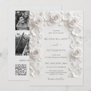 Weiße Faux-Relief-Rosen Rahmen 3 Fotos Hochzeit Einladung