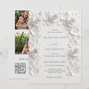 Weiße Faux-Relief-Rosen Rahmen 3 Fotos Hochzeit Einladung