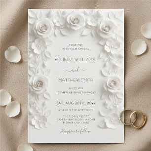 Weiße Faux-Relief-Rosen Rahmen Hochzeit Minimalist Einladung