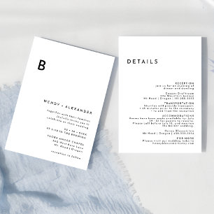 Weiße, feine Monogramm Hochzeitsdetails und Einladung