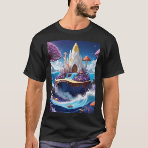Weiße Felsen Hütte in tiefen Ozeanwellen mit lila  T-Shirt