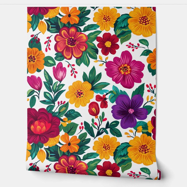 Weiße Fiesta Floral Extravaganza Tapete (Abrollen)