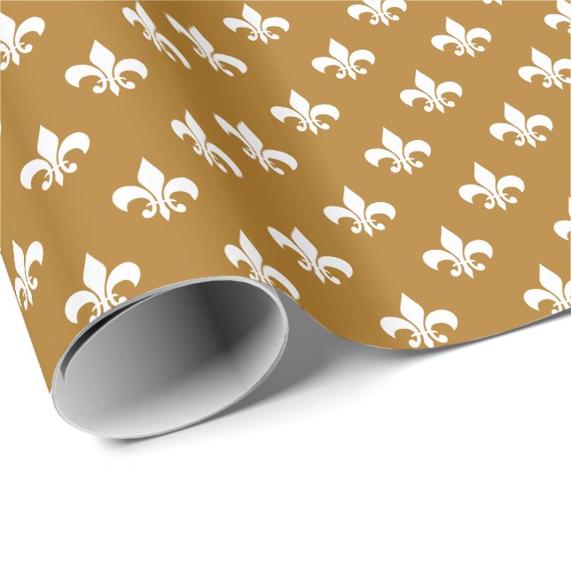 Weiße Fleur-de-lis auf Matte Gold Geschenkpapier (Rolleneckpunkt)