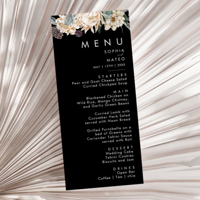 Weiße Flora | Black Wedding Dinner Menu Menükarte (Von Creator hochgeladen)