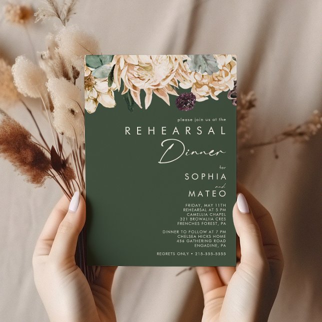 Weiße Flora | Dunkelgrüne Probe Abendessen Einladung (Von Creator hochgeladen)