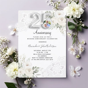 Weiße Flora Foto 25. Hochzeitstag Einladung