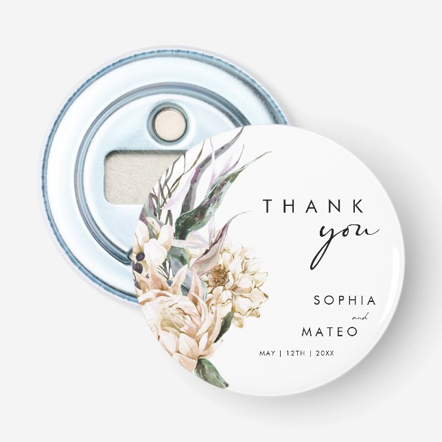 Weiße Flora | Gastgeschenk Hochzeit Button Flasche Flaschenöffner (Vorderseite)