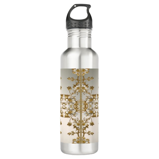 Weiße Flora Gold Verziertes Wasser Flasche Edelstahlflasche (Vorderseite)