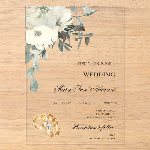 Weiße Flora mit Goldring Hochzeit Acryleinladungen