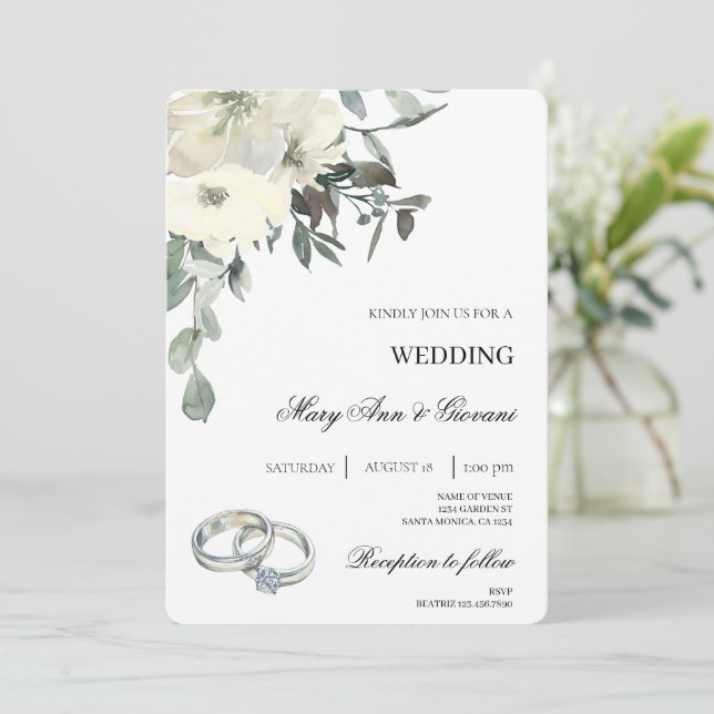 Weiße Flora mit Goldring Hochzeit Einladung (Stehend Vorderseite)