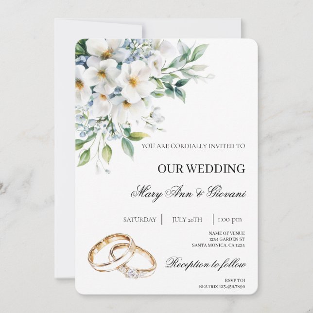 Weiße Flora mit Goldring Hochzeit Einladung (Vorderseite)