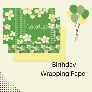 Weiße Flora mit grünem Hintergrund Geburtstag Geschenkpapier Set