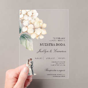 Weiße Flora mit Ringspanischer Hochzeit Acryleinladungen