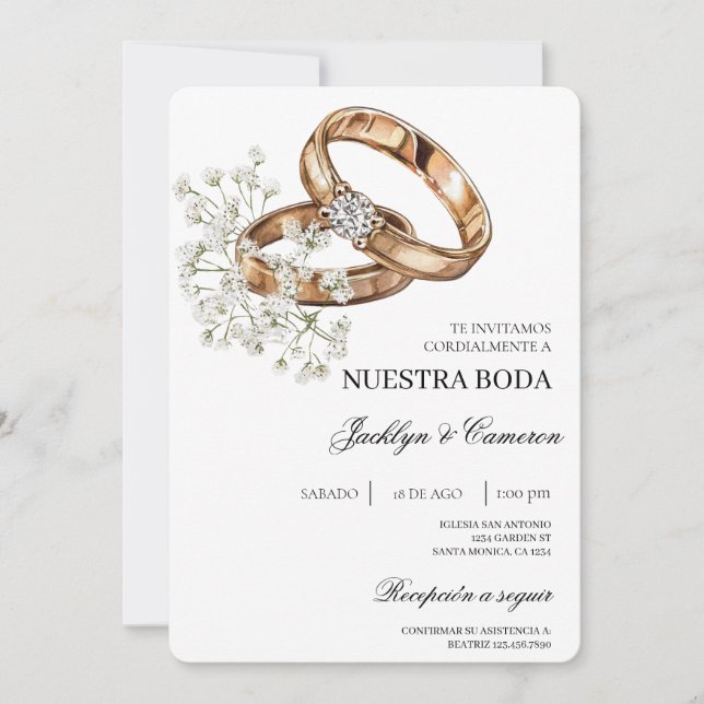 Weiße Flora mit Ringspanischer Hochzeit Einladung (Vorderseite)