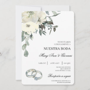 Weiße Flora mit Silberring Spanische Hochzeit Einladung