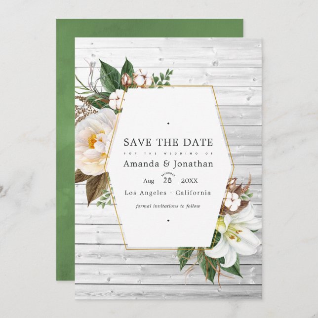 Weiße Flora Rustikales Foto für Hochzeiten im Stal Save The Date (Vorne/Hinten)