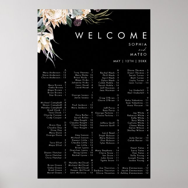 Weiße Flora | Schwarze Alphabetische Sitztabelle Poster (Vorne)
