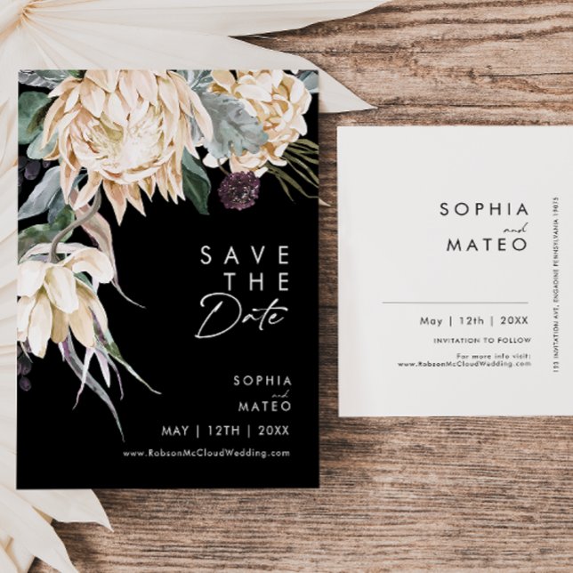 Weiße Flora | Schwarze Save the Date Postkarte (Von Creator hochgeladen)