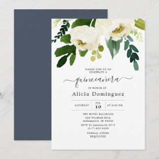 Weiße Flora und Fauna Aquarell Quinceñera Einladung