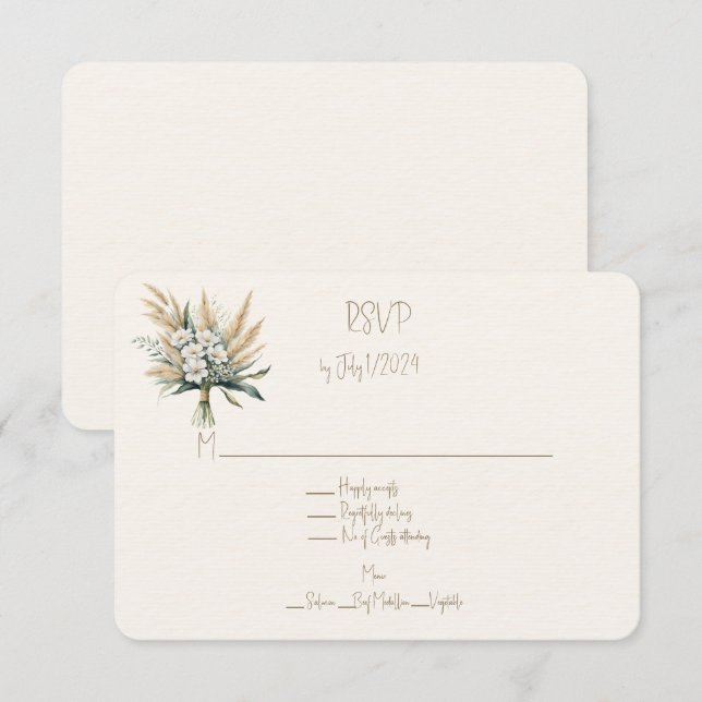 Weiße Flora und Pampas Grass Wedding Bouquet RSVP Karte (Vorne/Hinten)