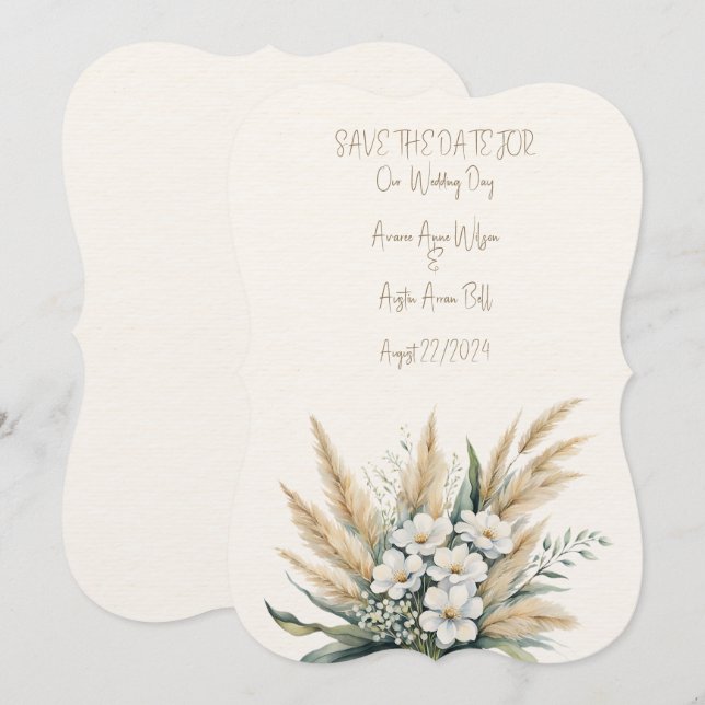 Weiße Flora und Pampas Grass Wedding Bouquet Save The Date (Vorne/Hinten)