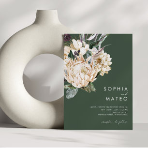 Weiße Floral   Dunkelgrüne Casual-Hochzeit Einladung