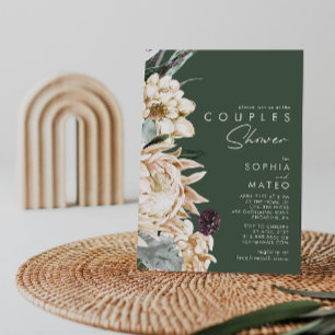 Weiße Floral Dunkelgrüne Hochzeit-Dusche Einladung