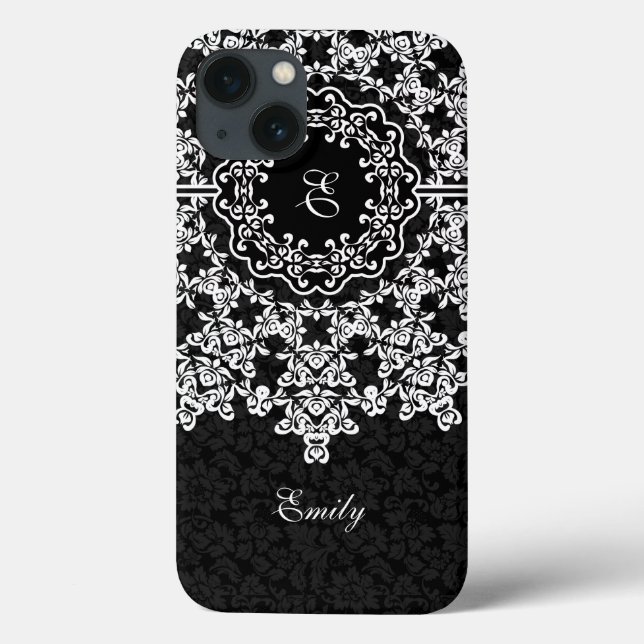 Weiße Floral Lace Black Damasks monogramiert Case-Mate iPhone Hülle (Rückseite)