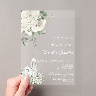 Weiße florale Acryl-Hochzeit mit Kirche Acryleinladungen