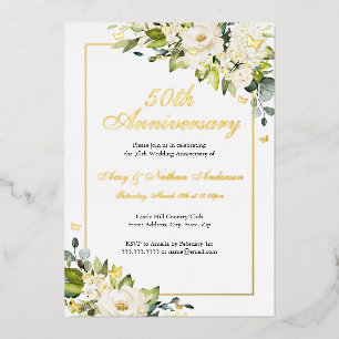Weiße florale Butterfly 50. Hochzeitstag Folieneinladung