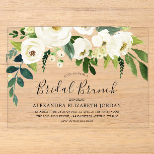 Weiße florale Creme-Junggesellinnen-Abschieds-Brun Acryleinladungen