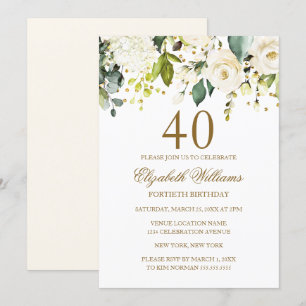 Weiße Florale Gold Konfetti 40. Geburtstag Einladung