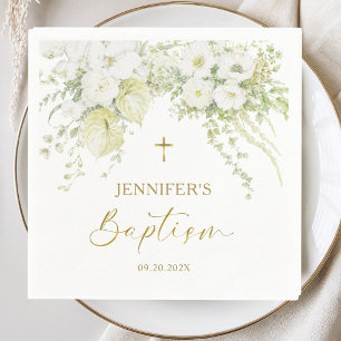Weiße florale goldene Kreuz elegante Taufe Papier Serviette
