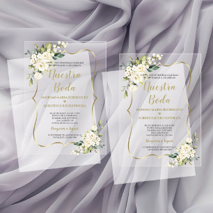 Weiße Florale Goldene Spanische Nuestra Boda Kalli Acryleinladungen