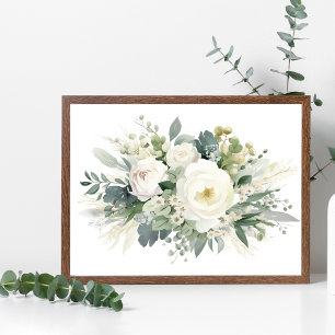 Weiße florale Grün Wasserfarben Wandkunst Poster