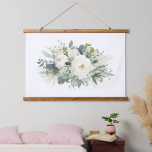 Weiße florale Grünpflanzen Botanische Wasserfarbe Wandteppich Mit Holzrahmen