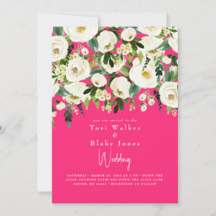 Weiße Florale Hochzeit in Kaskadierendem Rosa Einladung