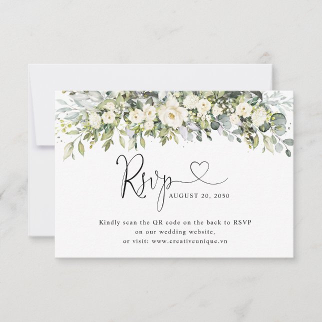 Weiße Florale Hochzeits-Website QR Code RSVP  Karte (Vorderseite)
