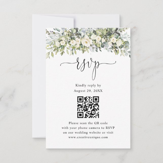 Weiße florale Hochzeits-Website QR Code RSVP  Karte (Vorderseite)
