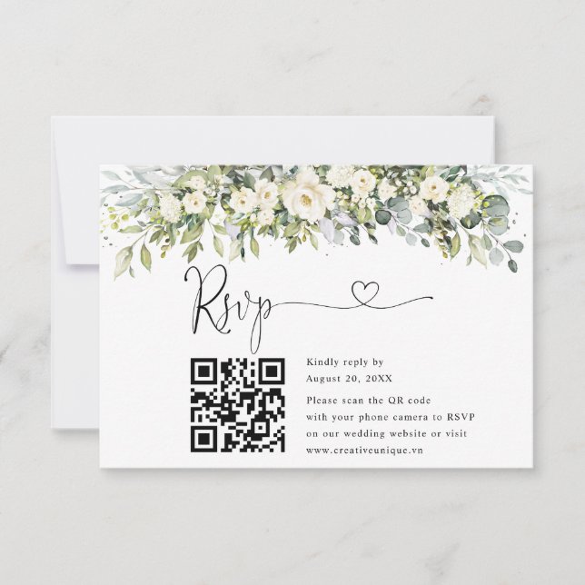 Weiße Florale Hochzeitswebsite QR Code RSVP  Karte (Vorderseite)