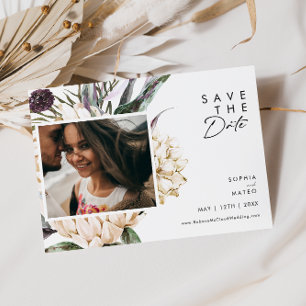 Weiße florale horizontale Foto-Hochzeitsankündigun Save The Date