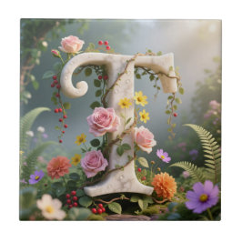 Weiße florale Marmor-Monogramm-Buchstabe T Fliese