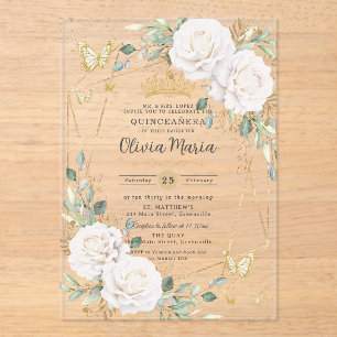 Weiße Florale Schmetterlinge Gold Quinceañera Quin Acryleinladungen
