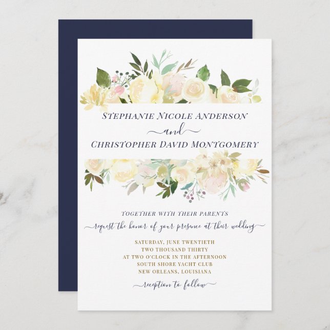 Weiße florale Wasserfarben Navy Blaue feierliche H Einladung (Vorne/Hinten)