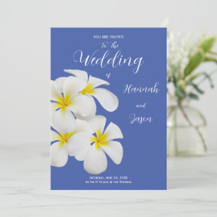 Weiße Frangipani-Blume, auf Blauer, Blumenhochzeit Einladung