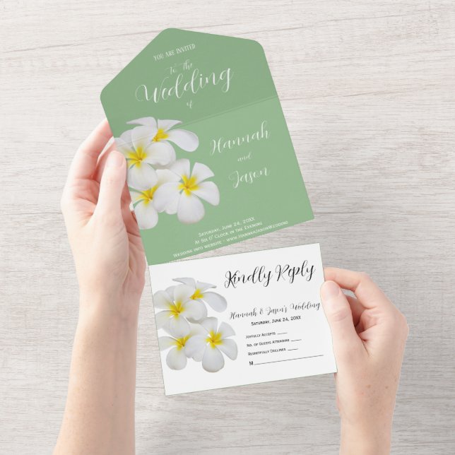 Weiße Frangipani-Blume, auf Sendung, Hochzeit All In One Einladung (Abreißtisch)
